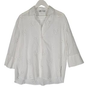 ZARA White Eyelet Broderie Anglaise Cotton Button Up Shirt Top Size L